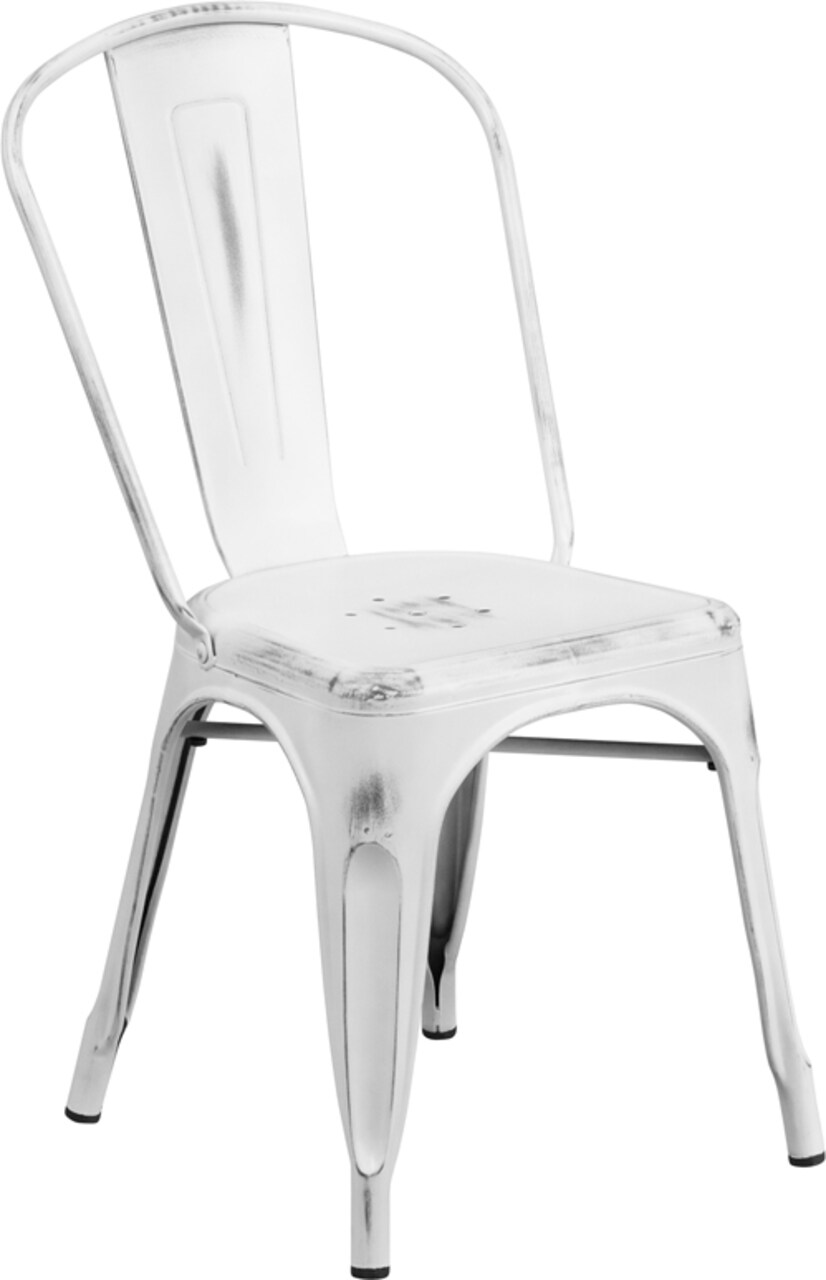 Commercial Grade Distressed White Metal Indoor-Outdoor Stackable Chair